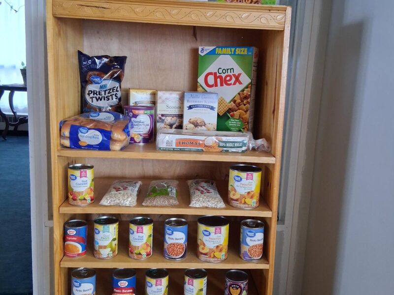 A bookshelf with non perishable food items
