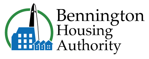 stylized logo of building with words bennington housing authority