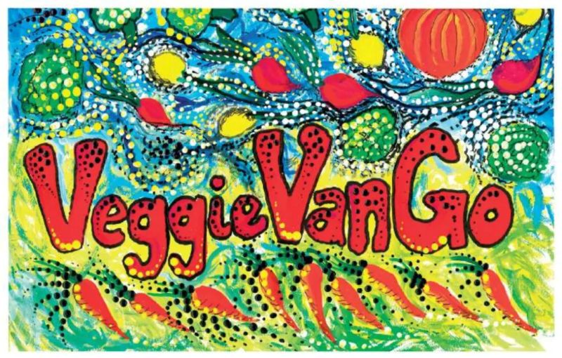 The words Veggie Van Go with colorful bright vegetables in background